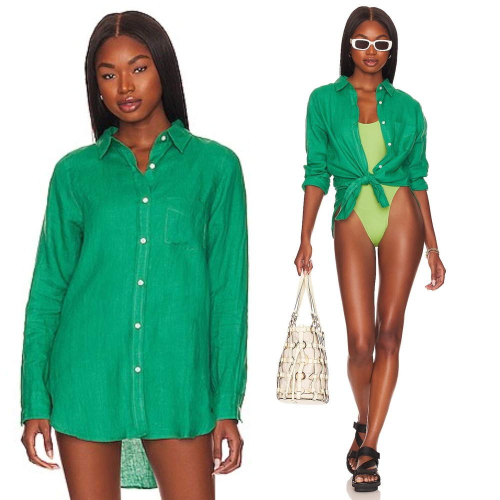 MONDAY Swimwear Monaco Shirt Jade Green Small 100% Linen Button Down Shirt